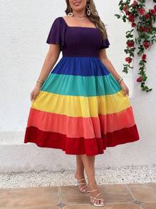 SHEIN Clasi 大码扎染荷叶边肩部荷叶边拼接拼色中长连衣裙，LGBT 彩虹 A 字裙 - 彩色 - 查看 4