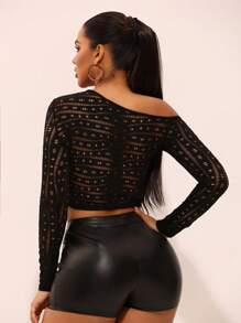 SHEIN SXY Czarny jednolity kolor seksowny asymetryczny jednoramienny wycięty dopasowany top, uniwersalny strój na dzień, wieczorne wyjście, randki, spotkania, imprezy, klubowanie, festiwal muzyczny - Czarne - Zobacz 2