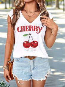 EMERY ROSE Plus Size Women's Casual Cherry Pattern V-Neck Camisole,Slightly Sheer Suitable For Summer - White - View 2