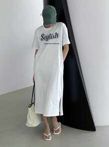 DAZY Slogan Graphic Drop Shoulder Tee Dress Sundress,Casual Women Dresses - White - View 3