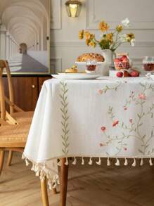 Pink Rose Floral Embroidery Tablecloth, French Countryside Style For Kitchen, Rectangular Coffee Table, TV Cabinet Cover, Holiday Party Birthday Gathering Dinner Table Decor, All Seasons