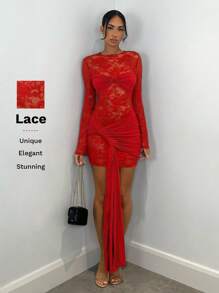 SHEIN BAE 性感酒红色蕾丝透视长袖吊带连衣裙，适合圣诞节、俱乐部、约会之夜、晚会、伴娘礼服、正式场合 - 紅色 - 查看 4