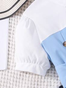 Teen Girl Solid Color Patchwork Short Sleeve Polo Collar Dress - Blue - View 3