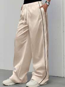 Teen Girls  Contrast Trim Drawstring Waist Wide Leg Casual Cargo Pants - Apricot - View 1
