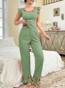 CottageSlumber 小花朵刺绣装饰方领盖袖上衣和裤子女士睡衣套装休闲套装节日季