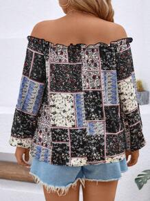 SHEIN LUNE Plus Size Chic Retro Paisley Print Off Shoulder Long Sleeve Blouse, Suitable For Vacation And Dates - Multicolor - View 2