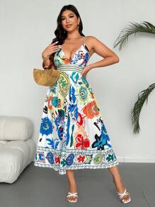 Flirla Robe maxi ample à fleurs sans manches pour femmes grandes tailles, convient pour la plage et les sorties décontractées, printemps/été - Multicolore - Voir 3