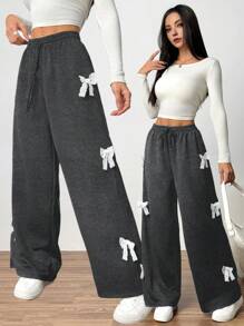 Teen Girls Loose Knit Wide Leg Pants Black Color With White Lace Bow Decor, Casual Waist Tie Front Pants, Gift For Valentine's Day, Friends Or Yourself,Holiday,Summer,Travel - Dark Grey - View 1