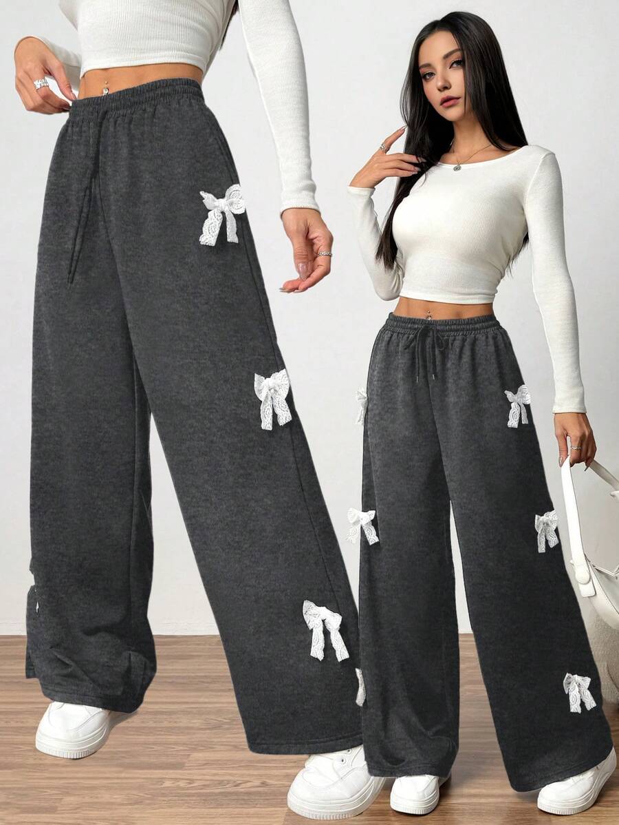 Teen Girls Loose Knit Wide Leg Pants Black Color With White Lace Bow Decor, Casual Waist Tie Front Pants, Gift For Valentine's Day, Friends Or Yourself,Holiday,Summer,Travel - Dark Grey - View 1