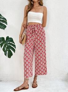 SHEIN Frenchy 女士全印花打结腰部口袋宽松直腿阔腿裤，适合度假 - 彩色 - 查看 6