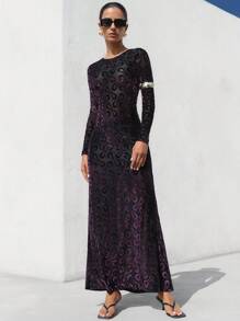 SHEIN Privé Elegant Business Dinner Long Flocked Jacquard Mesh Sheer Bottom Round Neck Long Sleeve Bodycon Dress Fall Cloth For Women - Multicolor - View 3
