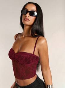 SHEIN BAE 白色和黑色对比色荷叶边短款细肩带上衣，百搭风格，适合日常穿着 - 酒紅色 - 查看 7