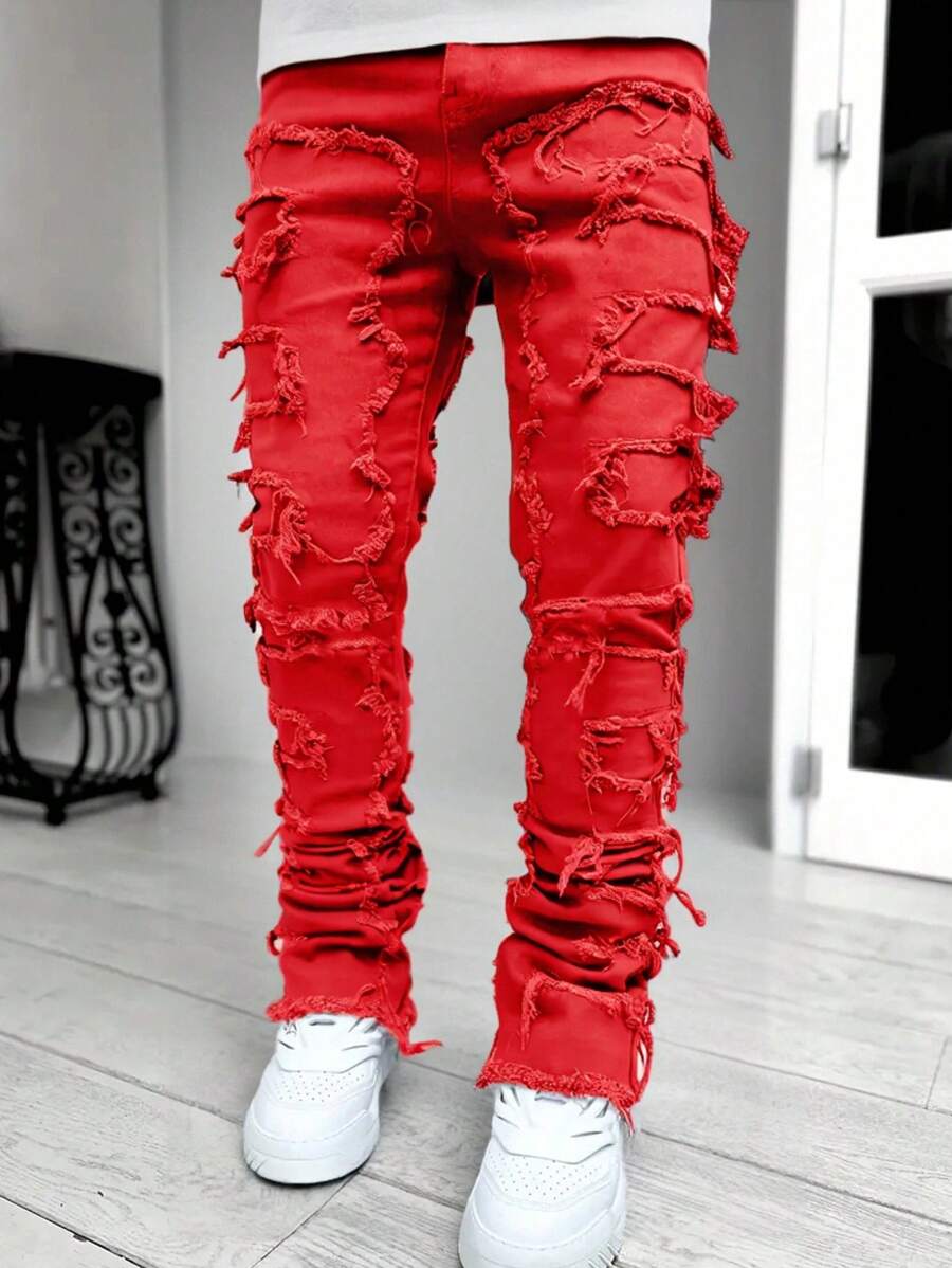 SHEIN 千禧年男孩时尚休闲街头风毛边设计红色直筒童牛仔裤,柔软舒适,适合日常穿着和夏季穿着。 - 紅色 - 查看 1