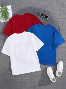 SHEIN Bộ 3 áo thun tay ngắn in chữ tiếng Anh thoải mái cho bé trai tuổi teen - Đỏ - Xem 2