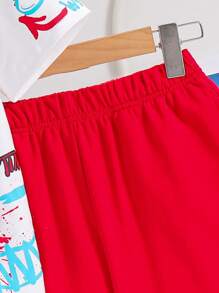 SHEIN Tween Boys Sporty 2 Pieces Set Slogan Graphic Colorful Graffiti Round Neck Short Sleeve T-Shirt And Shorts