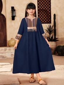 SHEIN Tween Girls' Vacation Pieced Floral Retro Pattern Trimming 3/4 Sleeve Dress, Arabian Dress - Navy Blue - View 4