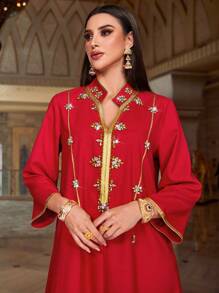 Al Najma Handcrafted Acetate Linen Red Arabian Dress Robe Kaftan Jalabiya Dress - Red - View 1