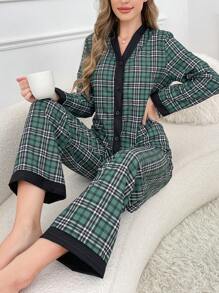 Conjunto de pijama informal de mujer con cuello en V a contraste y estampado de cuadros