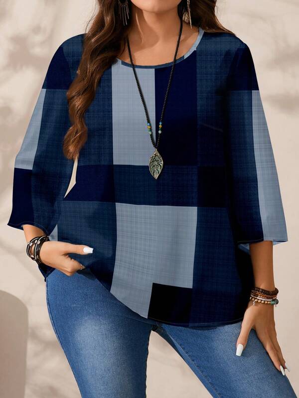 EMERY ROSE Plus Size Women Casual All Over Printed Round Neck Loose 3/4 Sleeve Shirt, Suitable For Spring/Autumn