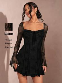 SHEIN BAE فستان نسائي متوسط الطول مزين بشريط الدانتيل الأسود مع تصميم الكشكشة