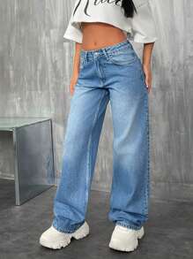 EURMUSE Jeans droits à taille basse minimaliste lavé décontracté - Jean bleu - Voir 6