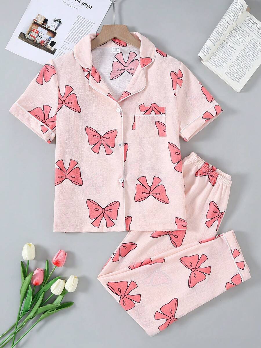 Spring Girls' Floral Knitted Cardigan With Pockets & Rompers Two Pieces Outfit, Casual Loungewear,Summer,Travel - Baby Pink - View 1