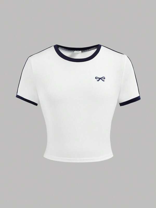 SHEIN Girlism Tween 女童甜美蝴蝶刺绣短款短袖 T 恤，条纹撞色饰边，圆领，复古美式风格，休闲运动 T 恤