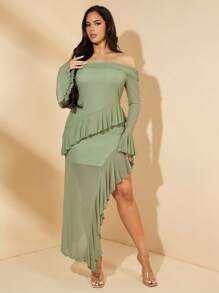 SHEIN BAE Đầm dài hở vai phối ren lưới đen trơn cỡ lớn thời trang xuân thu đông cho nữ, váy dài thanh lịch gợi cảm, váy ngọt ngào, váy hẹn hò lãng mạn, váy ngày lễ tình nhân, váy năm mới, váy lễ hội, váy dự tiệc - Màu xanh Bạc hà - Xem 5