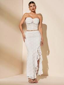 SHEIN BAE White,Summer,Elegant,Seductive,Wedding Bridal Solid Ruffle Lace See-Through Tube Top And Skirt Set,Beach Vacation Night Out Cocktail Party Clothing - White - View 5