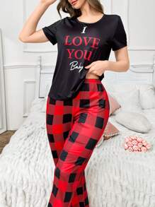 Conjunto de ropa de dormir para pareja con texto en inglés y diseño de cuadros de colores bloqueados - Multicolor - Ver 3