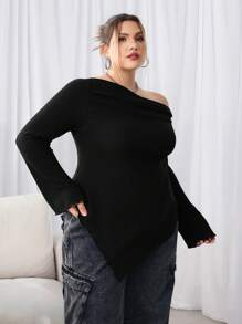SHEIN CURVE+ Plus Size Women's Top Asymmetric Neck Rib Knit T-Shirt,Valentine's Day Plus Size Christmas - Black - View 2