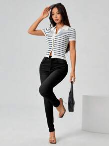 SHEIN PETITE Women's Lapel Preppy Striped Button-Down Sweater - Multicolor - View 3