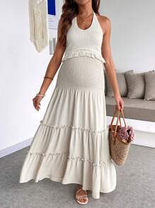 SHEIN 2pcs Maternity Set: Shirred Backless Tassel Trim Casual Top & High Waist Skirt
