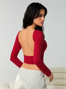 Muchica Red Knitted Backless Women Fitted Long Sleeve T-Shirt Top - Burgundy - View 2