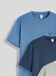 SHEIN 4pcs/Set Teen Boy Casual Solid Color Round Neck Loose Knit Short Sleeve T-Shirt, Multi-Color, School, Campus, College - Black - View 6