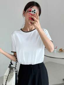 DAZY Camiseta Cuello Redondo Con Ribete De Contraste - Blanco - Ver 3