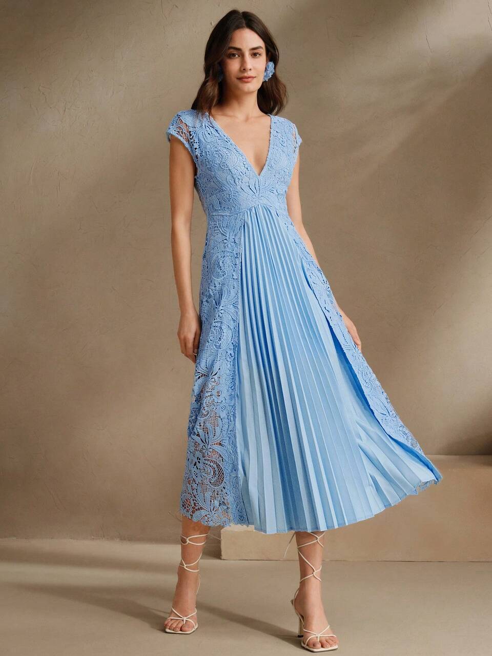 Vintage Elegant V-Neck Pleated Lace Patchwork Midi Dress, Suitable For Festival, Going Out, Vacation, Women's Spring/Summer Modest Clothing