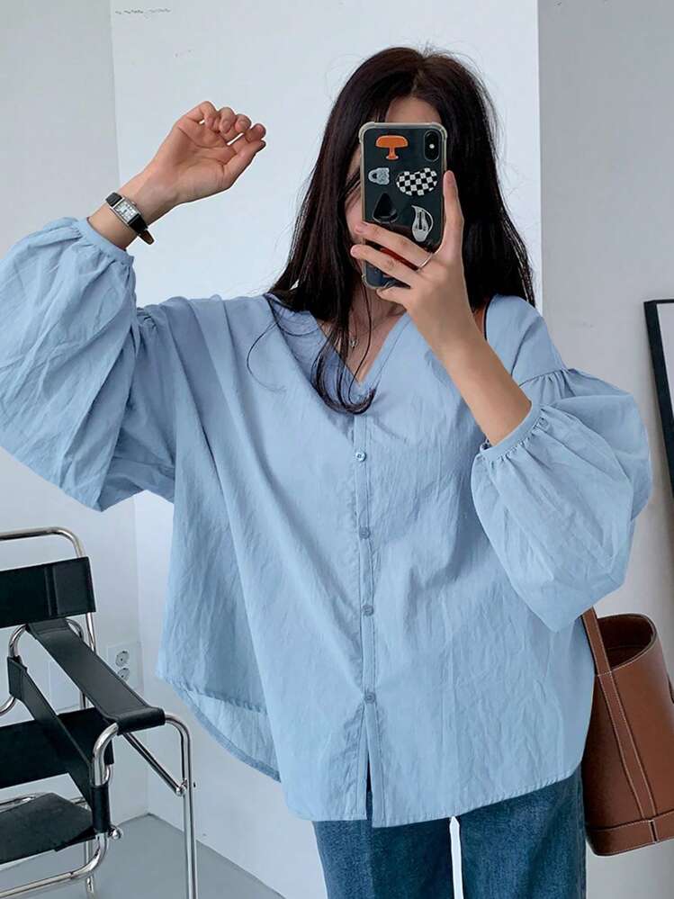 DAZY Women Fashionable Loose All-Match Solid Color Shirt For Everyday Wear,Fall Clothes Long Sleeve Top - Blue - View 3