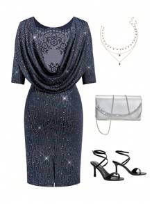 Ellevyn Women Lace Draped Neck Bodycon Dress, Wedding Dress For Party And Date - Black - View 1