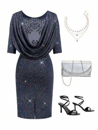 Ellevyn 女士蕾丝垂坠领紧身连衣裙，适合派对和约会的婚纱