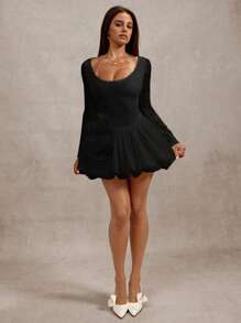 SHEIN BAE Elegant Floral 3D Lace Square Collar Long Sleeve Bodycon Flared Dress, Suitable For Spring/Summer, Ideal For Valentine's Day, Party, Romantic Date, Bridesmaid, Wedding, Birthday, Casual Wear, White - Black - View 6