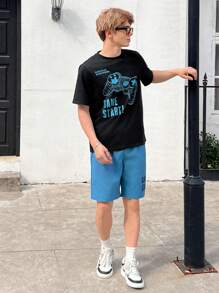 SHEIN 青少年男孩休閒視頻遊戲英文字母印花t恤和短褲套裝,夏季 - 彩色 - 查看 6