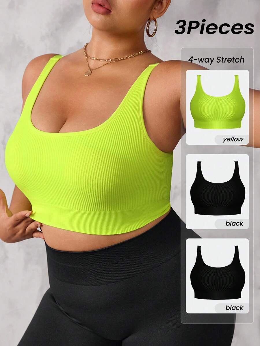 SHEIN Rhythm Era 3pcs/Set Plus Size Women Seamless Ribbed Camisole Sports Bras - Multicolor - View 1