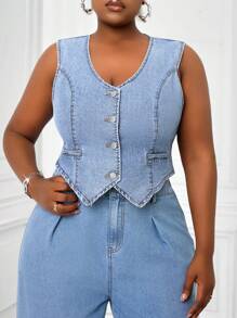 SHEIN Lady 大码牛仔上衣休闲无袖背心蓝色夏季上衣女士夏季服装圣帕特里克复活节 100% 纯棉 - 淺色水洗藍 - 查看 4