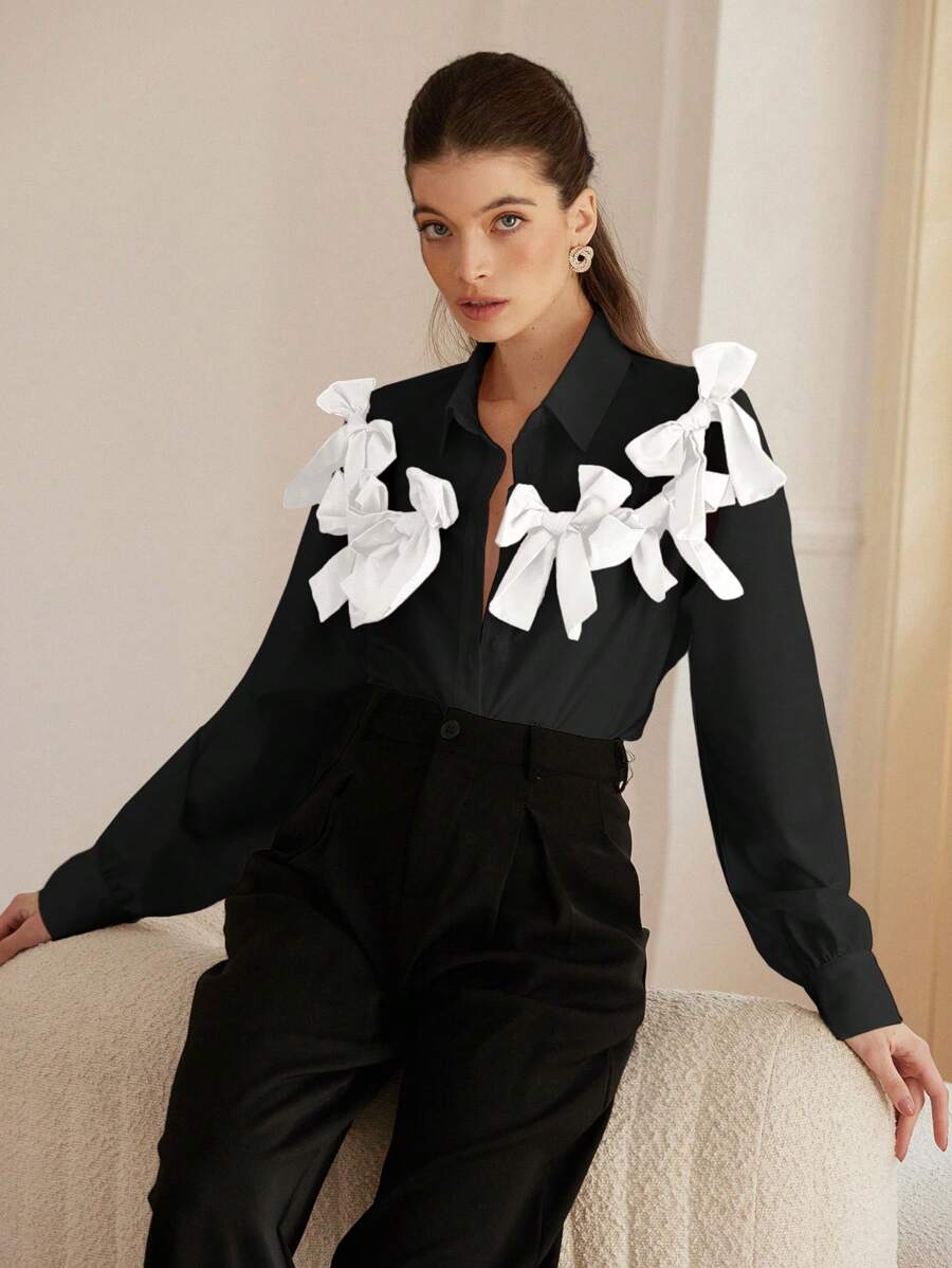 GENKIRA 法式风格甜美浪漫双色 3D 蝴蝶结装饰女童长袖衬衫女士秋季衬衫，节日派对服装可爱有趣的纽扣衬衫女士 - 彩色 - 查看 1