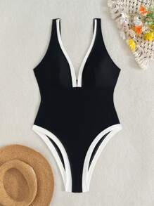 Swim SXY 女士黑白拼接低胸吊带连体泳衣，海滩夏季度假装 - 黑與白 - 查看 6