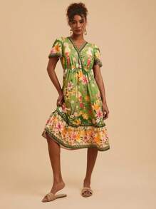 Travachic Váy dài vừa phải, tay ngắn, cổ chữ V, họa tiết hoa, thường ngày, trang phục mùa hè cho phụ nữ, mùa hè, trang phục nghỉ mát cho phụ nữ, váy mùa hè cho phụ nữ - màu xanh lá - Xem 4