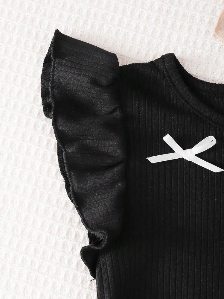 SHEIN 3 件套年轻女孩短款盖袖蝴蝶结罗纹按扣紧身衣 - 彩色 - 查看 6