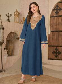 Al Najma Váy dài Thổ Nhĩ Kỳ dành cho nữ & Váy dài truyền thống Ả Rập, Kaftan giản dị - Màu xanh hải quân - Xem 5