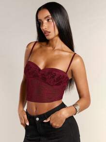 SHEIN BAE 白色和黑色对比色荷叶边短款细肩带上衣，百搭风格，适合日常穿着 - 酒紅色 - 查看 5